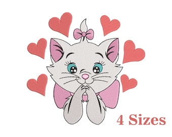 Cute Cat with Hearts Embroidery Design, Kitty Animal Embroidery File (PES DST)