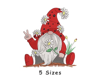 Floral Daisyy Flowers Gnome Machine Embroidery Design 4 Sizes, Spring Gnome With Daisy Flower Machine Embroidery Designs - Instant Download