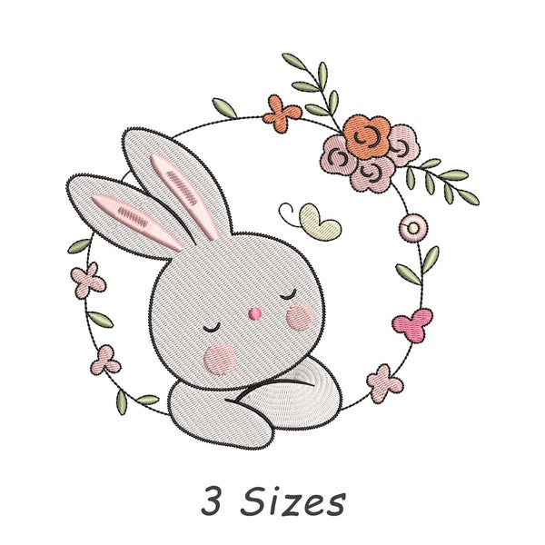 Cute Bunny With Wreath Machine Embroidery Pattern File 3 Sizes, Baby Embroidery File, Wreath Embroidery File, Frame  Wreath Embroidery File