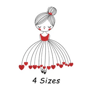 Bailarina con corazones máquina de bordado archivo de diseño 4 tamaños, niñas diseño de bordado, archivo de bordado de niña, archivo de bordado de arte de línea