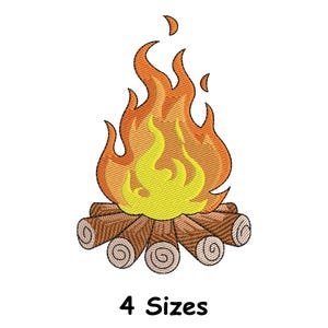 May include: An embroidered design of a campfire with orange and yellow flames atop a stack of brown logs. The text "4 Sizes" is displayed below the image.