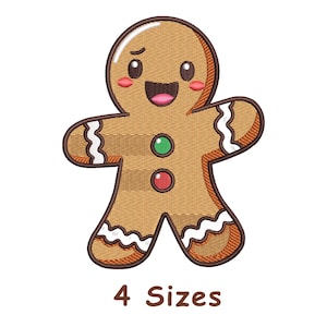 May include: A cartoon gingerbread man with a smiling face, rosy cheeks, and two candy buttons. The gingerbread man has brown outlines and white icing details. The text "4 Sizes" is below the gingerbread man.