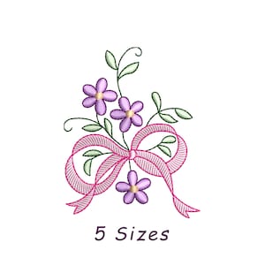 Flower With Bow Machine Embroidery Design 5 Sizes, Bow Floral Embroidery Design, Flower With Ribbon Embroidery, Bow Embroidery