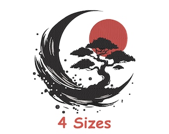 Japanese Bonsai Tree Machine Embroidery Design 4 Sizes, Bonsai tree plant embroidery Design, Tree with Moon Embroidery Design File