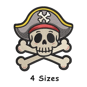 May include: Embroidered pirate skull and crossbones design. The skull wears a gray pirate hat with a yellow trim and a red bandanna. The text "4 Sizes" is below the design.