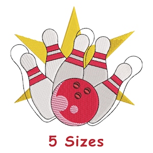 May include: An embroidered design of a red bowling ball and pins, set against a yellow starburst. The bowling pins are white with red stripes. The text "5 Sizes" is displayed in red at the bottom.