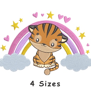 Cute Baby Tiger With Rainbow Machine Embroidery Design File 4 Sizes, Baby Embroidery Design,  Animal Embroidery Pattern, Rainbow Embroidery