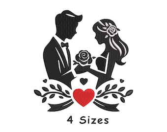 Coppia di sposi con disegno da ricamo a cuore, 4 dimensioni, file per ricamo a macchina romantico per sposi, ricamo per matrimonio d'amore - download immediato