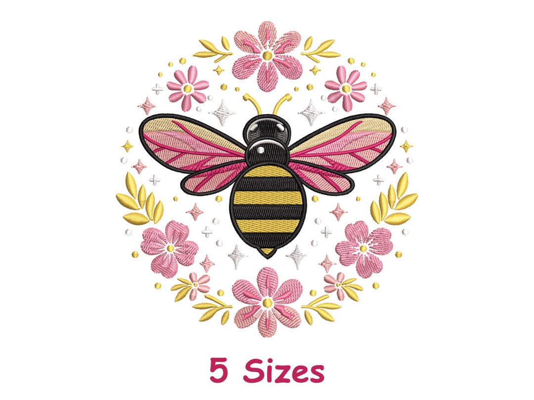 Floral Honey Bee Embroidery Design 5 Sizes, Bee Machine Embroidery File ...