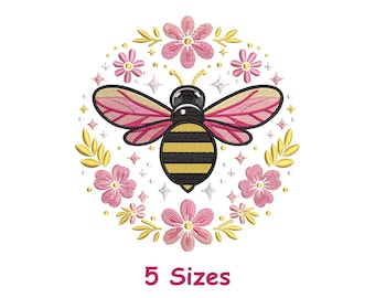 Floral Honey Bee Embroidery Design 5 Sizes, Bee Machine Embroidery File, Cute Bee with Flowers, Spring Garden Embroidery - Instant Download