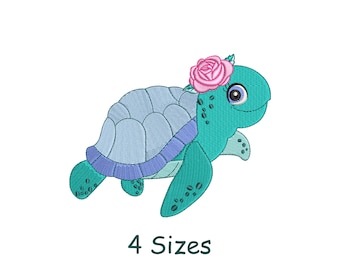 Floral Sea Turtle Machine Embroidery Design, Animals Embroidery (Instant Download)