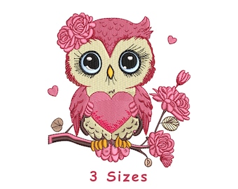 Floral Owl Sitting on Brach Machine Embroidery Design File 3 Size, Flower Owl Embroidery, Owl Embroidery, Birds Embroidery Instant Download