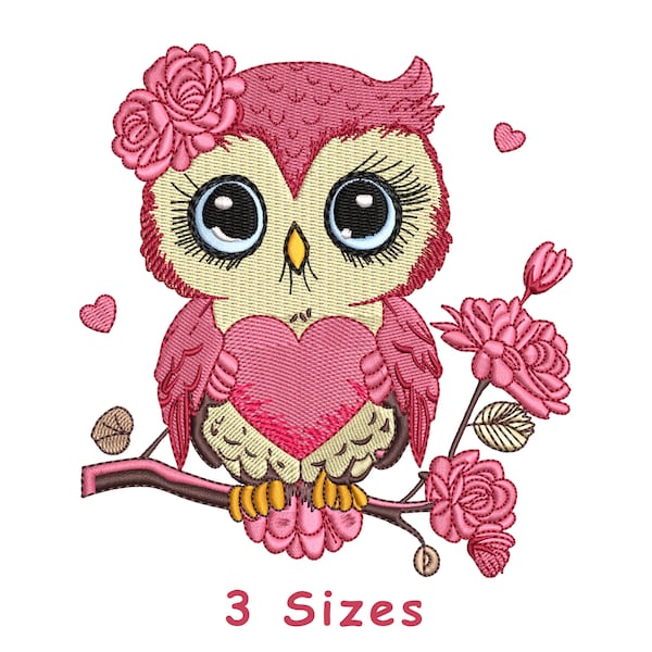 Floral Owl Sitting on Brach Machine Embroidery Design File 3 Size, Flower Owl Embroidery, Owl Embroidery, Birds Embroidery Instant Download