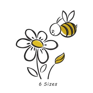 Flower And Bee Line Art Embroidery Machine Design 6 Sizes, Sunflower Embroidery Design, Bee Embroidery Design, Bee With Flower Embroidery