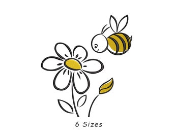 Biene und Sonnenblume Line Art Stickdatei, 6 Größen (Digitaler Download)