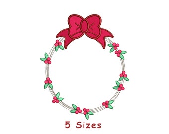 Christmas Bow Floral Monogram Wreath Machine Embroidery File 5 Sizes, Christmas Decoration Embroidery, Chirstmas Embroidery Instant Download