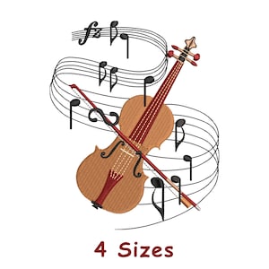 Puede incluir: Un violín marrón con un arco rojo y un lazo negro en la parte superior. El violín está rodeado de notas musicales negras sobre un fondo blanco. El texto "4 tamaños" está debajo del violín.
