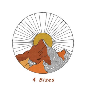 May include: A stylized illustration of a mountain range with a sun rising behind it, all within a circle with radiating lines. The mountain range is brown, orange, and white, and the sun is yellow.