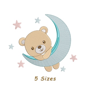 May include: Embroidered design of a brown teddy bear sitting on a blue crescent moon with pink stars. The text "5 Sizes" is below the image.