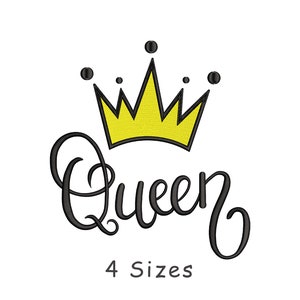 May include: Black and yellow queen crown with the word "Queen" in a cursive font. The text "4 Sizes" is below the design.
