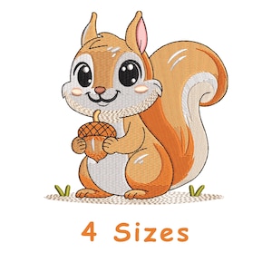 May include: Embroidered design of a cute cartoon squirrel holding an acorn. The squirrel is brown and orange with big eyes and a smile. The design is available in four sizes.