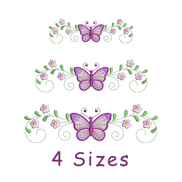 Floral Flower Butterfly Embroidery Border Embroidery File 4 Size, Butterfly Decorative Embroidery Border, Floral Embroidery Border