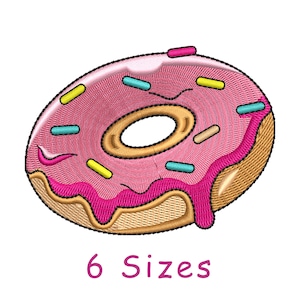 Könnte beinhalten: Rosa und brauner gestickter Donut mit bunten Streuseln. 6 Größen.