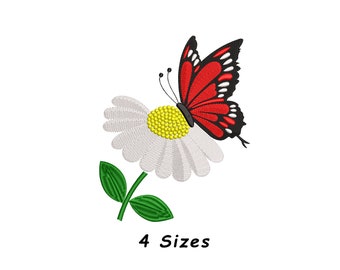Daisy Flower with Butterfly Machine Embroidery Design, 4 Sizes (Digital File)