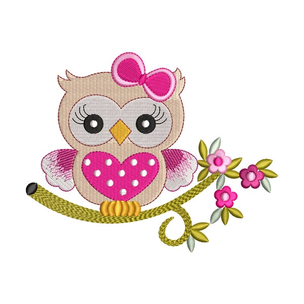 Floral Owl Sitting on Brach Machine Embroidery Design File 5 Sizes, Owl Embroidery Design, Fill Stitch Owl Embroidery Instant Download