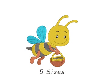Bee With Honey Basket Embroidery Design, 5 Sizes (Digital File)