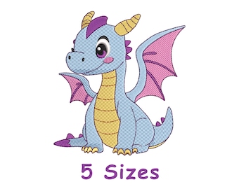 Cute Baby Dragon Embroidery Design – Kawaii Fantasy Design 5 Sizes (Digital Download)