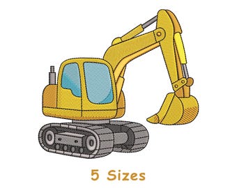 Può includere: Illustrazione ricamata di un escavatore giallo con una finestra blu. L'escavatore ha un design dettagliato, tra cui una benna, un braccio e cingoli. Il testo "5 Taglie" è visualizzato in arancione sotto.