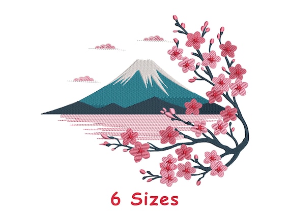 Japanese Landscape Embroidery Design 6 Sizes, Mount Fuji Embroidery File, Cherry Blossom Embroidery Design, Sakura Embroidery