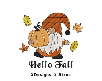 Fall Gnome Embroidery Design, 4 sizes, Hello Fall Machine Enbroidery Design File, Halloween Embroidery File - Instant Download