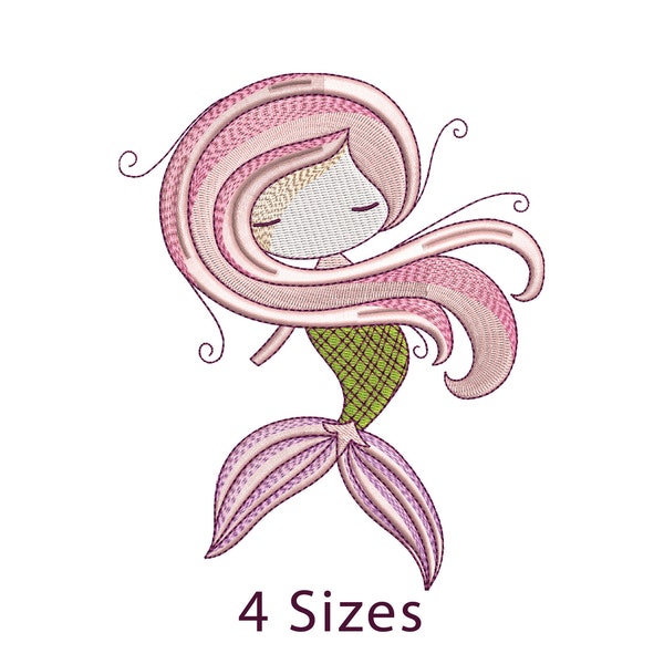 Cute little Mermaid Machine Embroidery Design File 4 Sizes, Mermaid Embroidery Design File, Cute Girl Embroidery Design File, Pes Dst, Jef