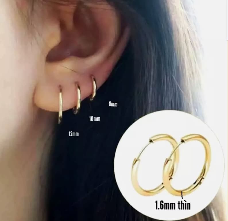 Pair of small hoop hinged earrings high polished hypoallergenic surgical steel Women / Men 