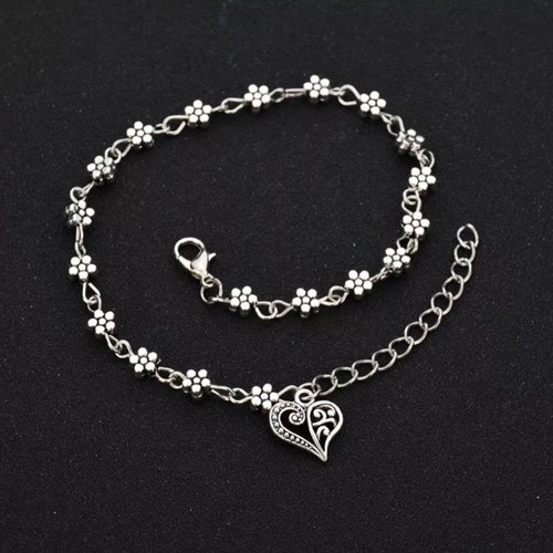 Heart & Flowers Anklet  925 Sterling Silver plated Foot Chain Boho Beach Beads, Ankle Bracelet