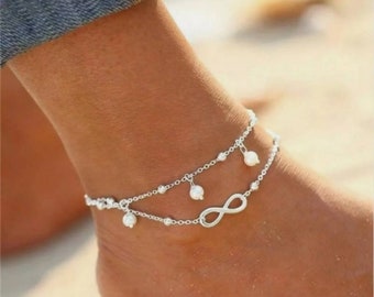 Ankle Infinity Foot Chain Boho Beach Beads, Silver plated