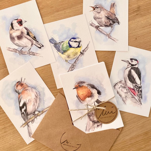 3-6 heimische Vögel I Aquarell Postkarten Set
