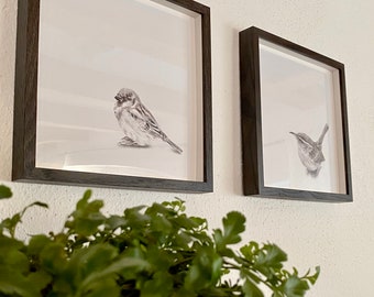 2x Small birds - pencil drawing (sparrow, wren)
