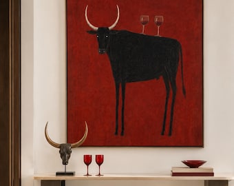 Large Original Textured Bull Canvas Painting, Whimsical Black Cow and Wine Wall Art, Bold Burgundy Oil Painting, Modern Eclectic Room Art