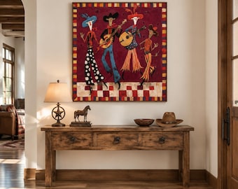 Large 3D Textured Western Band Playing Music Wall Art, Palette Knife Oil Painting, Abstract Folk Art, Terracotta Decor