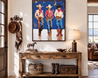 Original Western Cowboy Oil Painting, Large Three Cowboys Wall Art, Colorful Modern Ranch Canvas Decor, Cobalt Blue Impasto Entryway Art