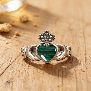Heart Malachite Claddagh Engagement Ring for Women, 925 Sterling Silver Wedding Band, Irish Jewelry, Christmas or Anniversary  Gifts Fit