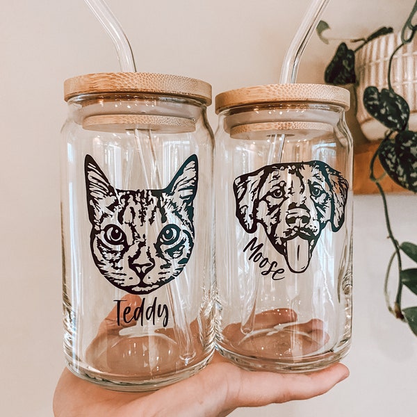 Custom Dog/Cat Beer Can Glass -ONE PET ONLY | Iced Coffee | Pet Portrait | Pet Loss | Dog Mom Gift | Bamboo Lid | Valentine's Day