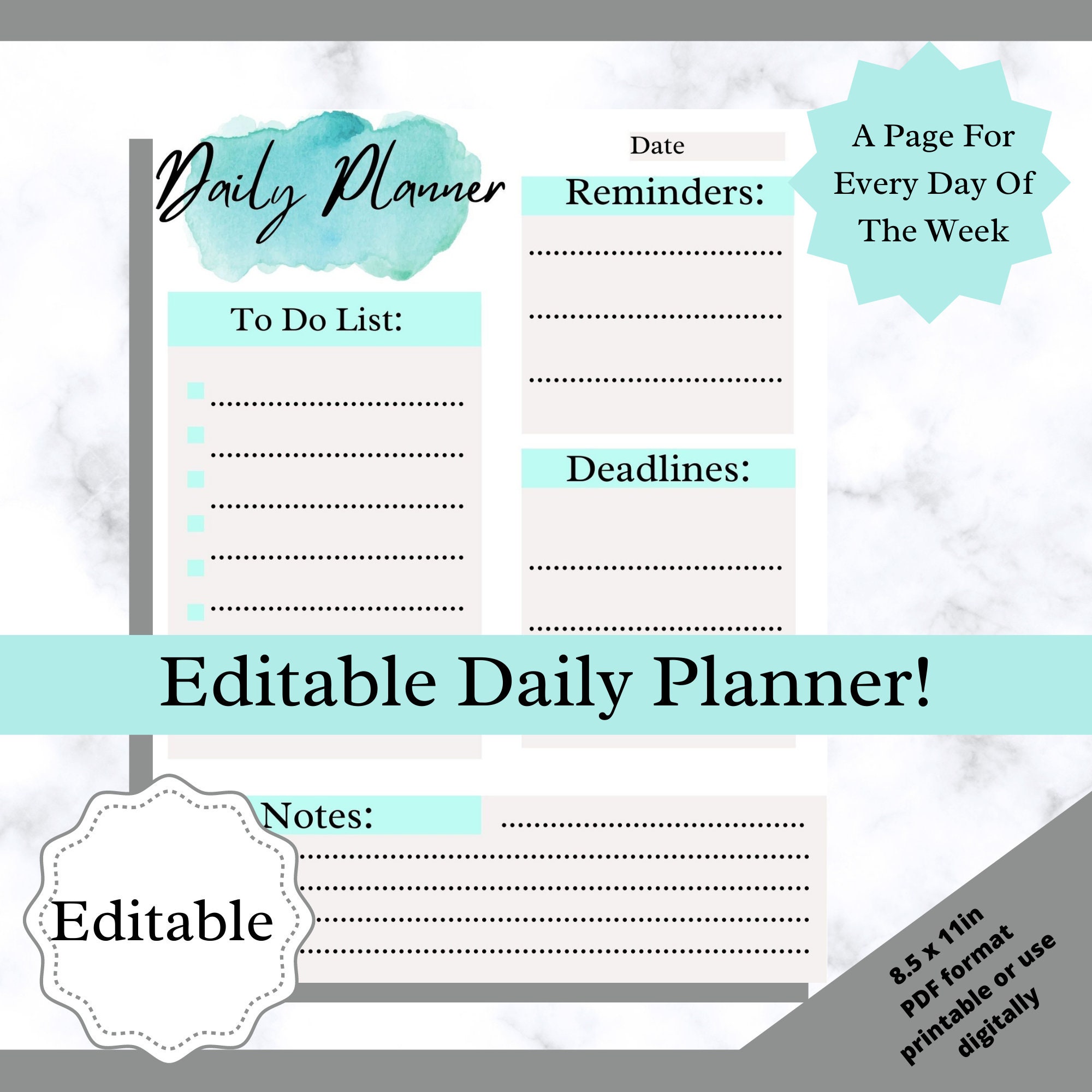 EDITABLE DAILY PLANNER to Do List Reminders Template Pdf, Excel