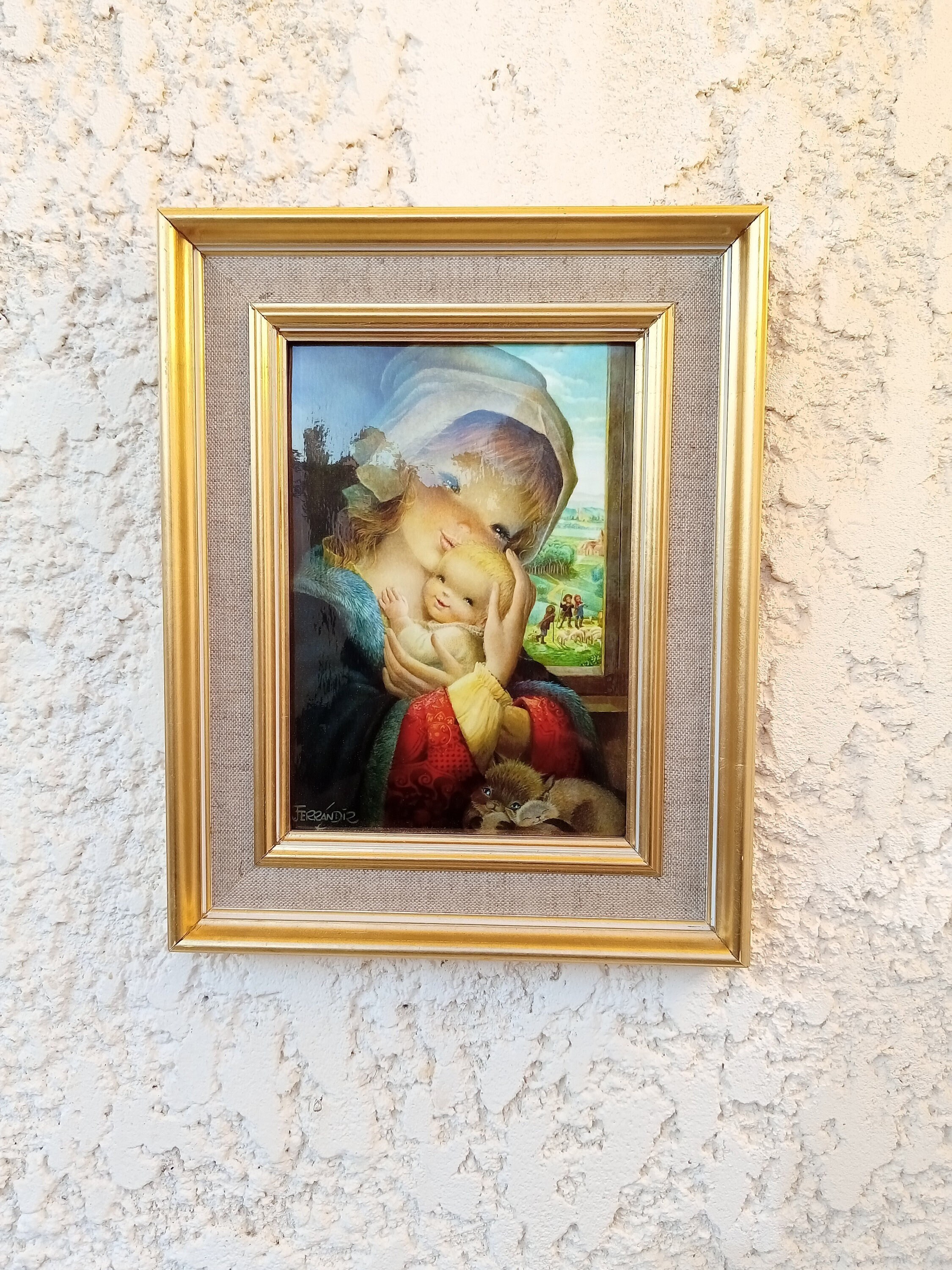 Tableau Émaillé de Juan Ferrandiz, Encadrement Doré à La Feuille, Mère et L'enfant