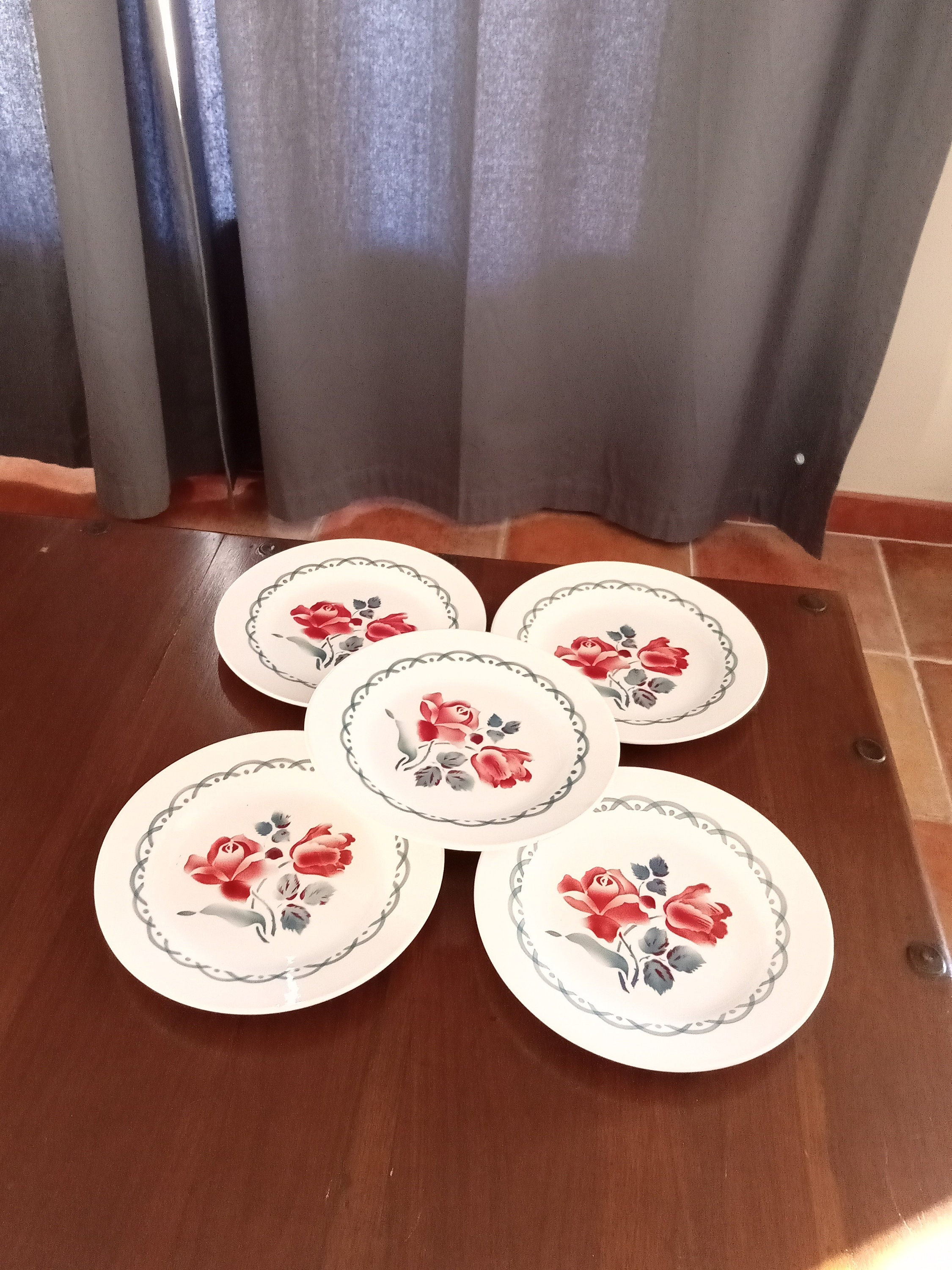 Lot de 5 Assiettes Plates, Faïence Française Ancienne Digoin Sarreguemines Modèle Cannes
