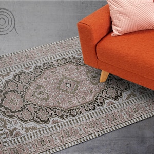 Ping Retro Look Ornament Vinyl Floor Mat, Beige Vinyl Mat, Bronze Vinyl Rug, Retro Linoleum Rug, PVC Mat, Decorative Mat, Art Mat