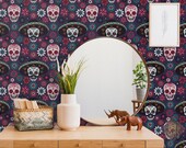 Dia De Los Muertos Variation 238 Wallpaper Roll, Black, Pink, Colorful, Modern Home Art, Modern Wallpaper, Skull Pattern, Mexican, Sombrero